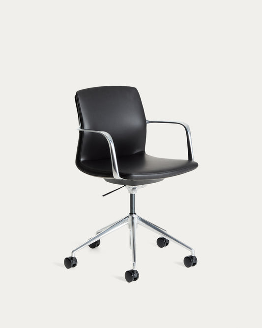 Nerlan desk chair in black faux leather with aluminium frame