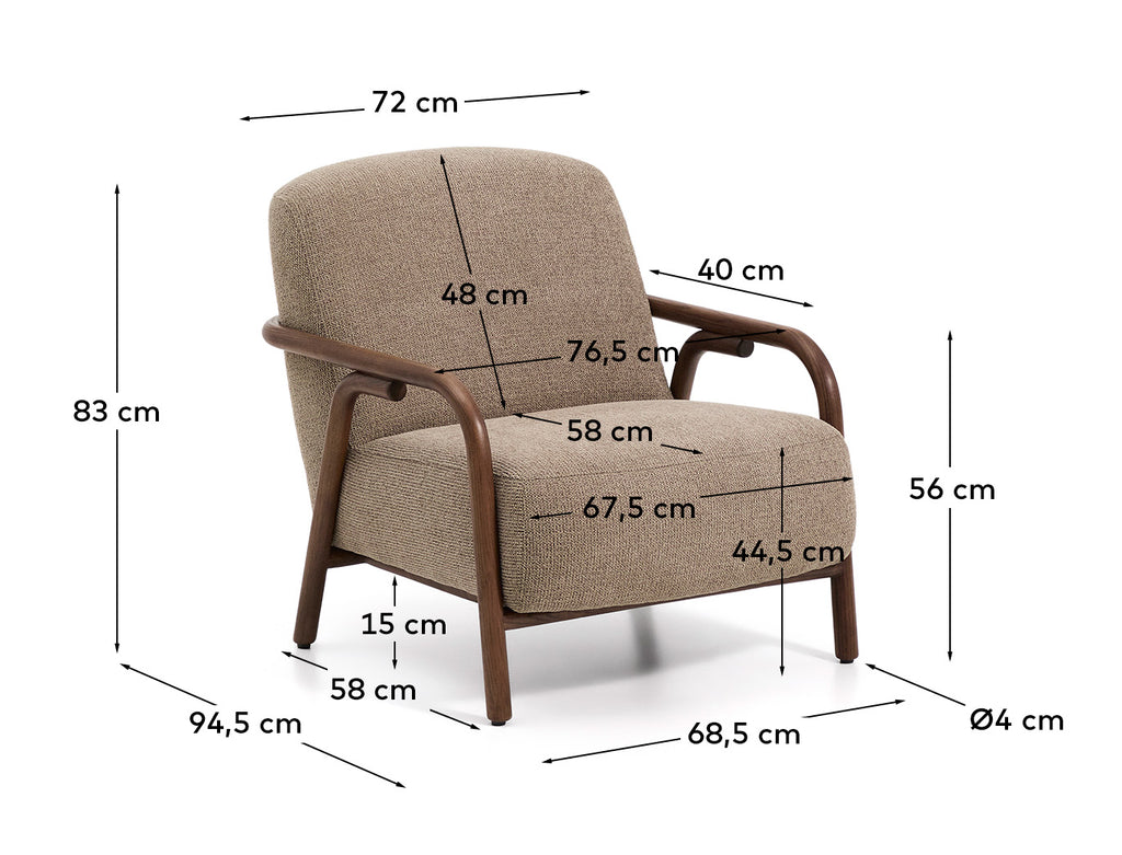 Sylo armchair in taupe chenille and solid ash wood with walnut-coloured finish FSC 100%