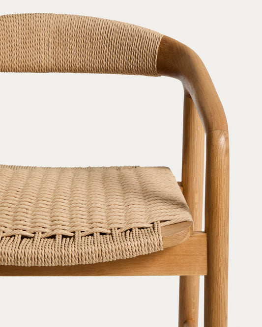Derile stool in solid oak wood with natural-tone finish and beige paper rope cord FSC 100% 65 cm