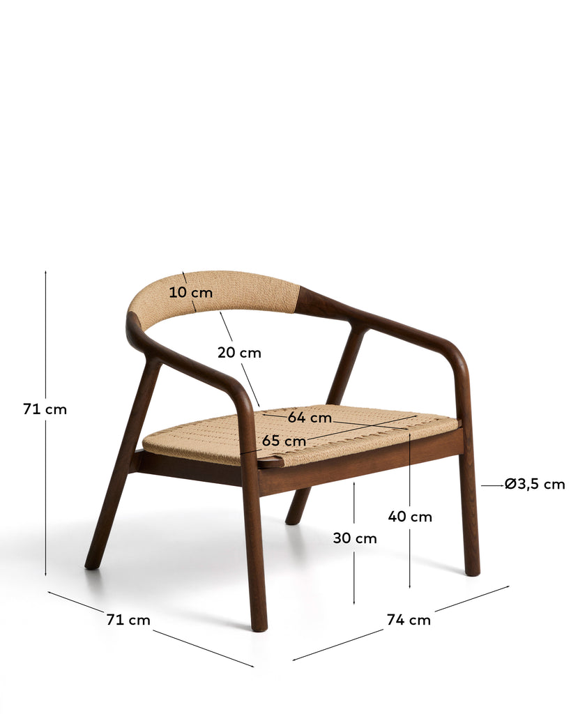 Derile armchair in solid oak wood with walnut finish and beige paper rope cord FSC 100%