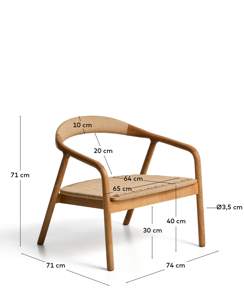 Derile armchair in solid oak wood with natural-tone finish and beige paper rope cord FSC 100%