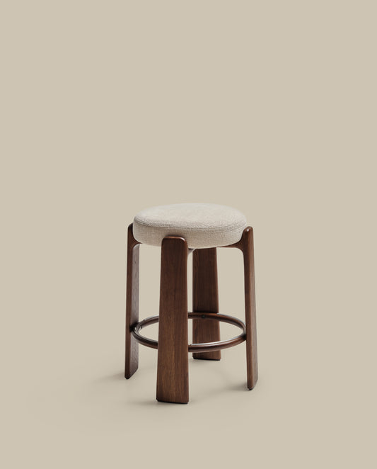 Granite stool in beige chenille and solid ash wood with walnut-coloured finish FSC 100% 65cm