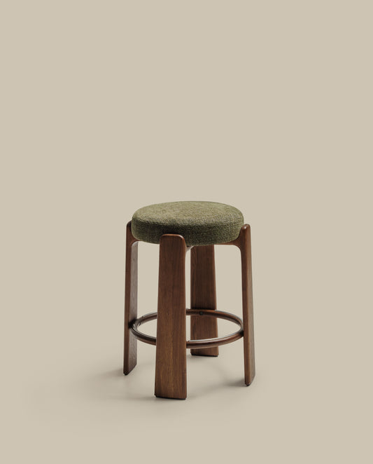 Granite stool in green chenille and solid ash wood with walnut-coloured finish FSC 100% 65cm