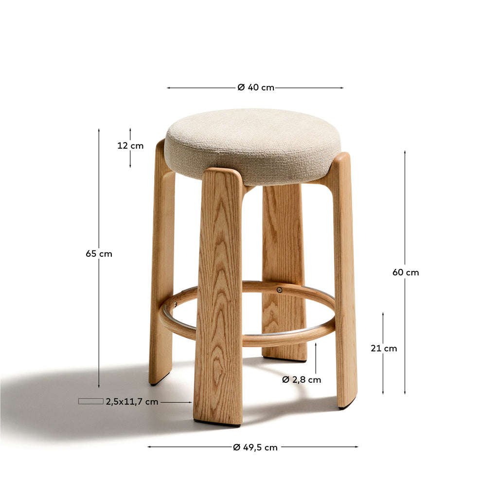 Granite stool in beige chenille and solid ash wood with natural tone finish FSC 100% 65cm