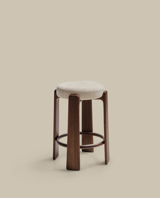 Granite fire-retardant stool in beige chenille and solid ash wood with walnut-coloured finish FSC 100% 75cm