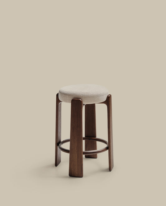 Granite fire-retardant stool in beige chenille and solid ash wood with walnut-coloured finish FSC 100% 75cm