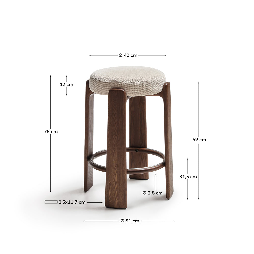 Granite stool in beige chenille and solid ash wood with walnut-coloured finish FSC 100% 75cm