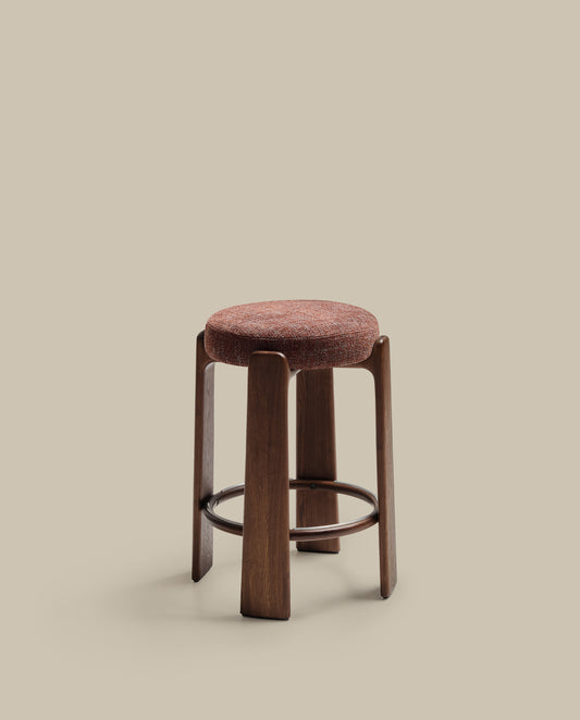 Granite fire-retardant stool in brown chenille and solid ash wood with walnut-coloured finish FSC 100% 75cm