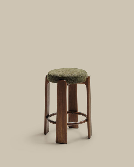 Granite stool in green chenille and solid ash wood with walnut-coloured finish FSC 100% 75cm