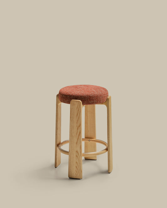 Granite stool in terracotta chenille and solid ash wood with a natural tone finish FSC 100% 75cm