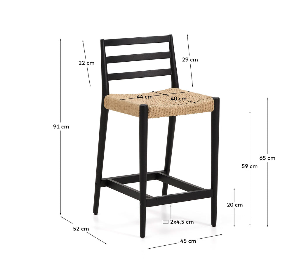 Analy stool with a backrest in solid oak wood in a black finish and rope cord seat, 65 cm, FSC 100%