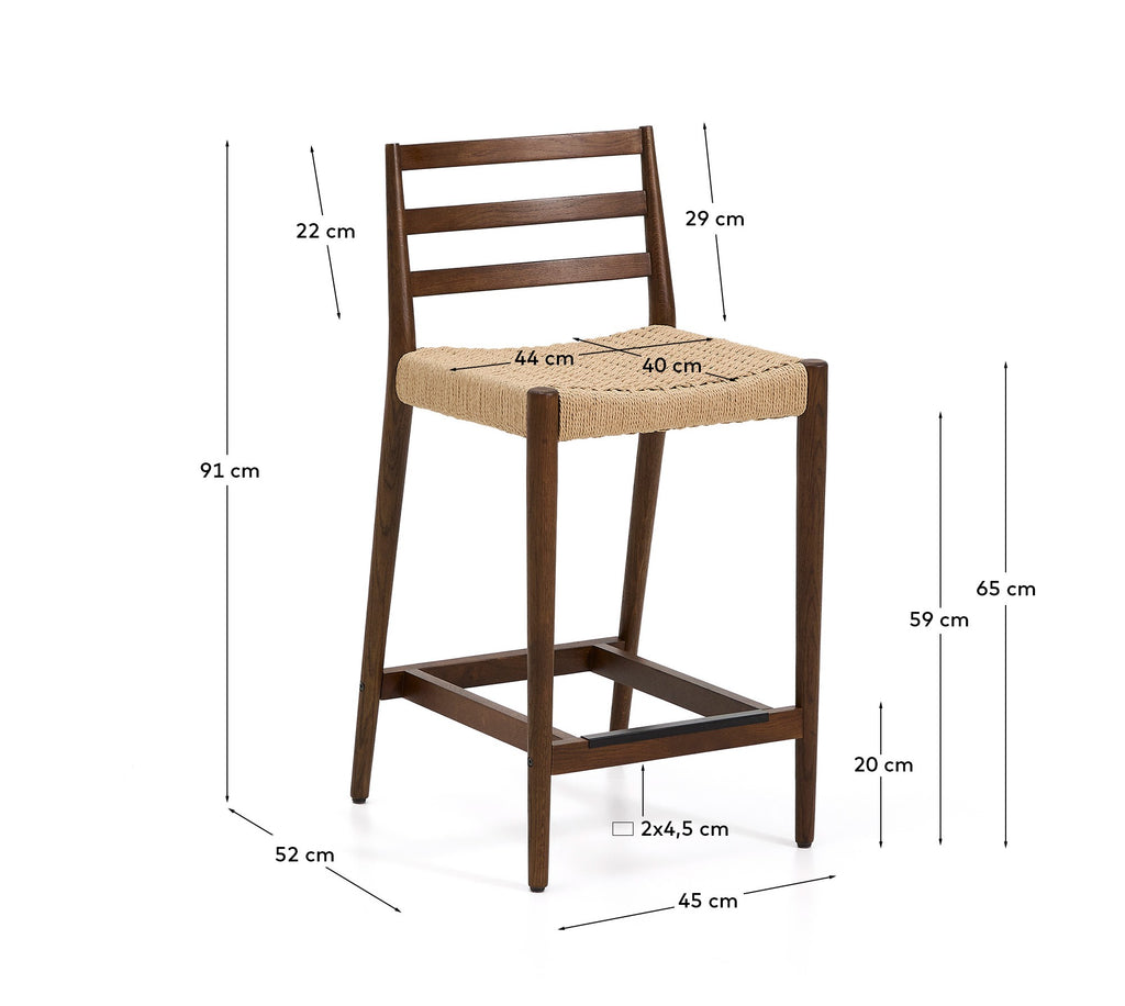 Analy stool with backrest in solid oak wood with walnut-tone finish and rope seat, 65 cm, FSC 100%