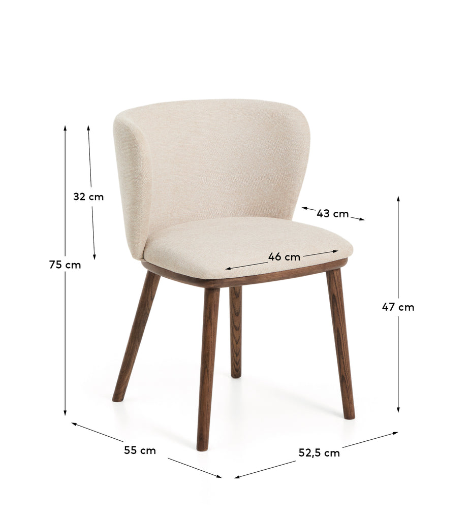 Ciselia flame-retardant beige chenille chair with solid ash wood legs with walnut-coloured finish FSC Mix Credit