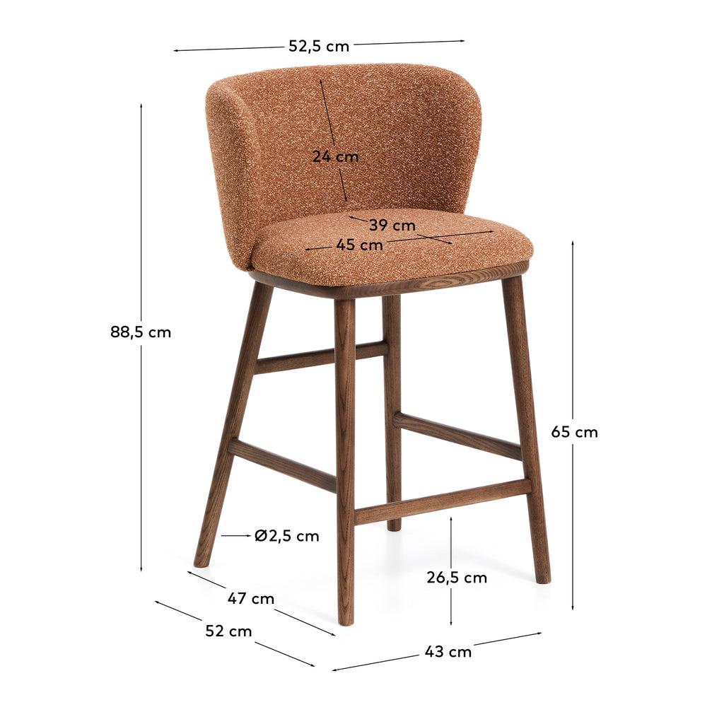 Ciselia terracotta thick chenille stool with solid ash wood legs with walnut-coloured finish FSC Mix Credit 65cm