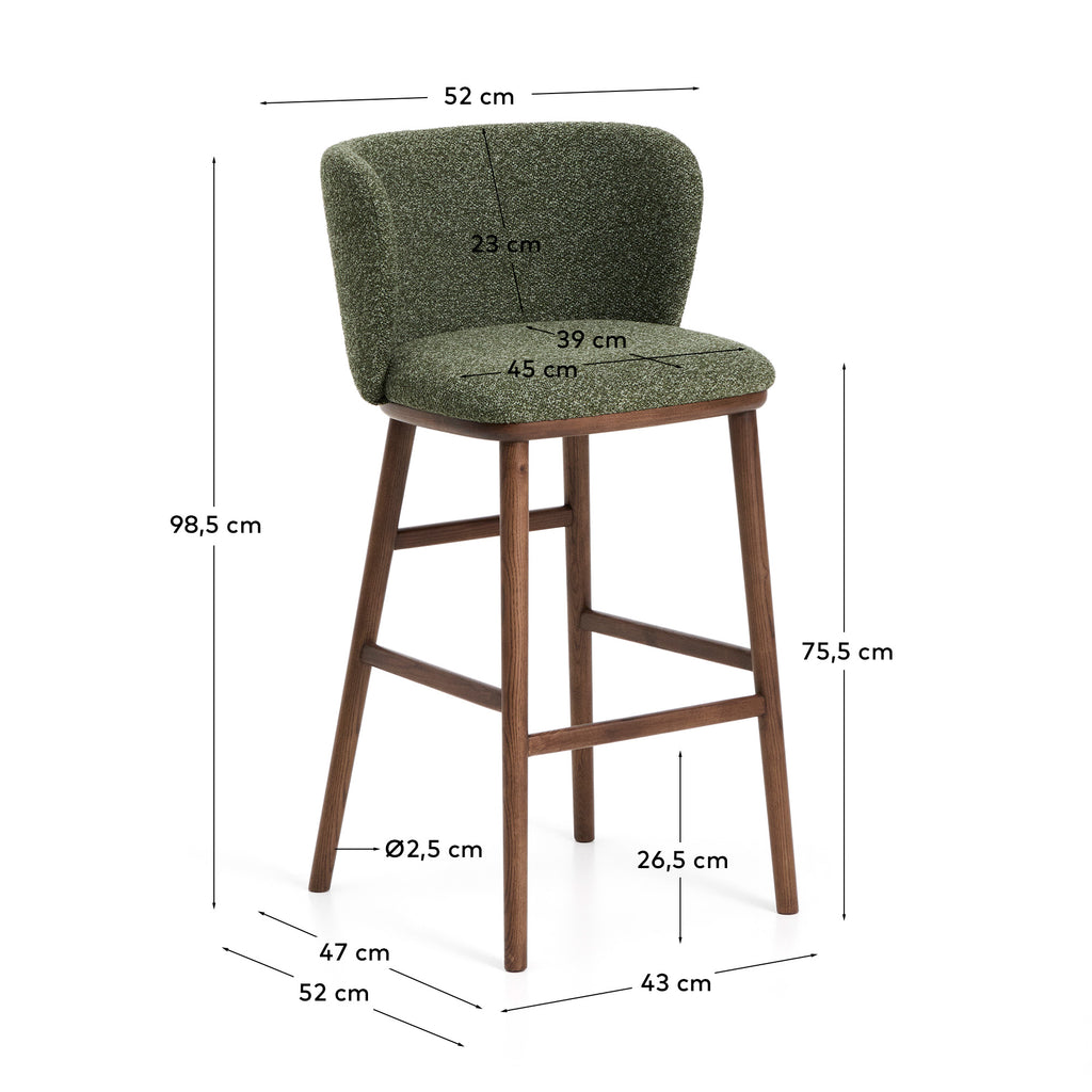 Ciselia dark green thick chenille stool with solid ash wood legs with walnut-coloured finish FSC Mix Credit 75cm