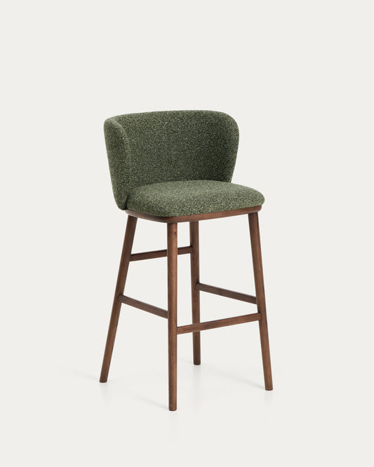 Ciselia dark green thick chenille stool with solid ash wood legs with walnut-coloured finish FSC Mix Credit 75cm