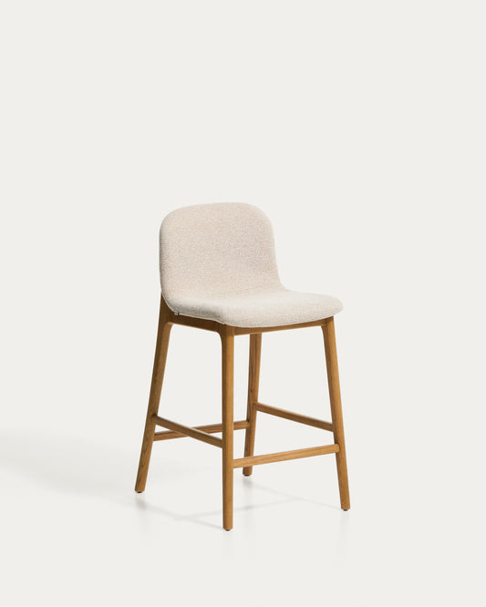 Elnor stool in beige chenille with solid oak wood legs in a natural finish 65cm