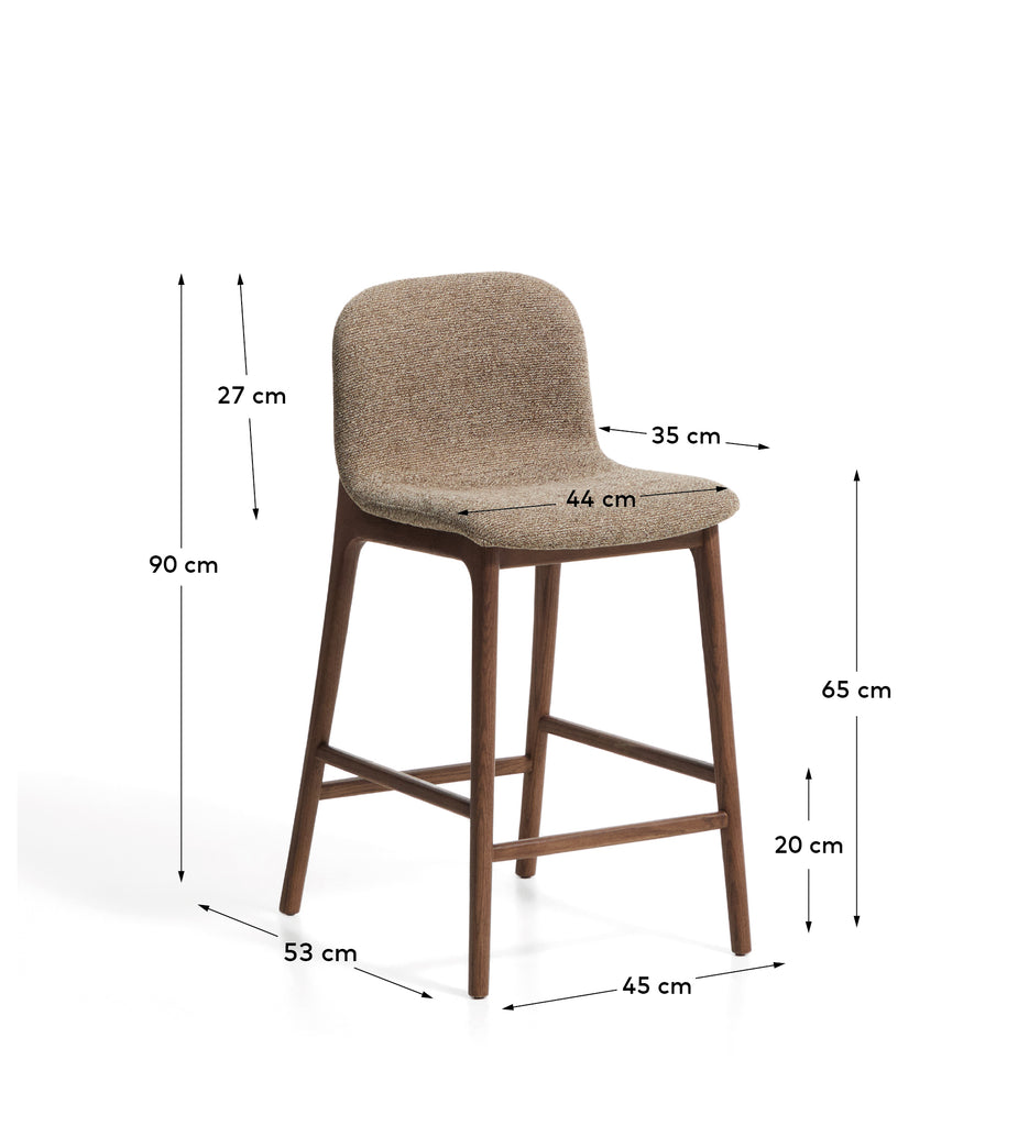 Elnor flame-retardant stool in brown chenille with solid oak wood legs in a walnut finish 65cm