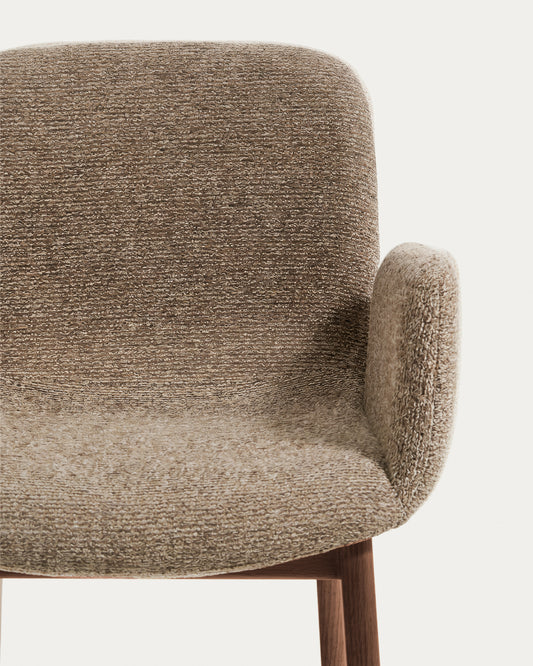 Elnor chair with armrests in brown chenille with solid oak wood legs in a walnut finish