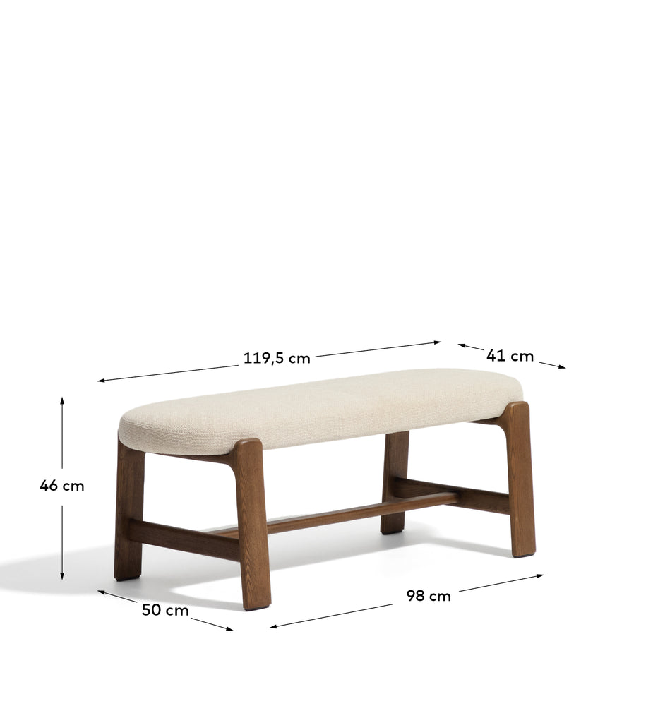 Granite bench in beige chenille and solid ash wood with walnut finish 120cm FSC 100%