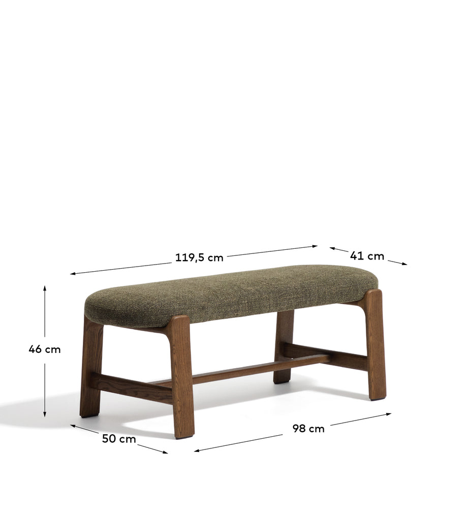 Granite bench in green chenille and solid ash wood with walnut finish 120cm FSC 100%