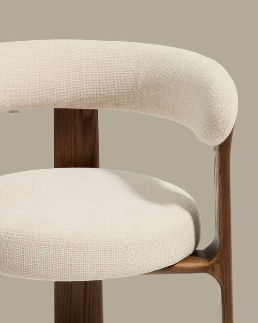Granite stool with 3 legs in beige chenille and solid ash wood with walnut finish FSC 100% 65cm