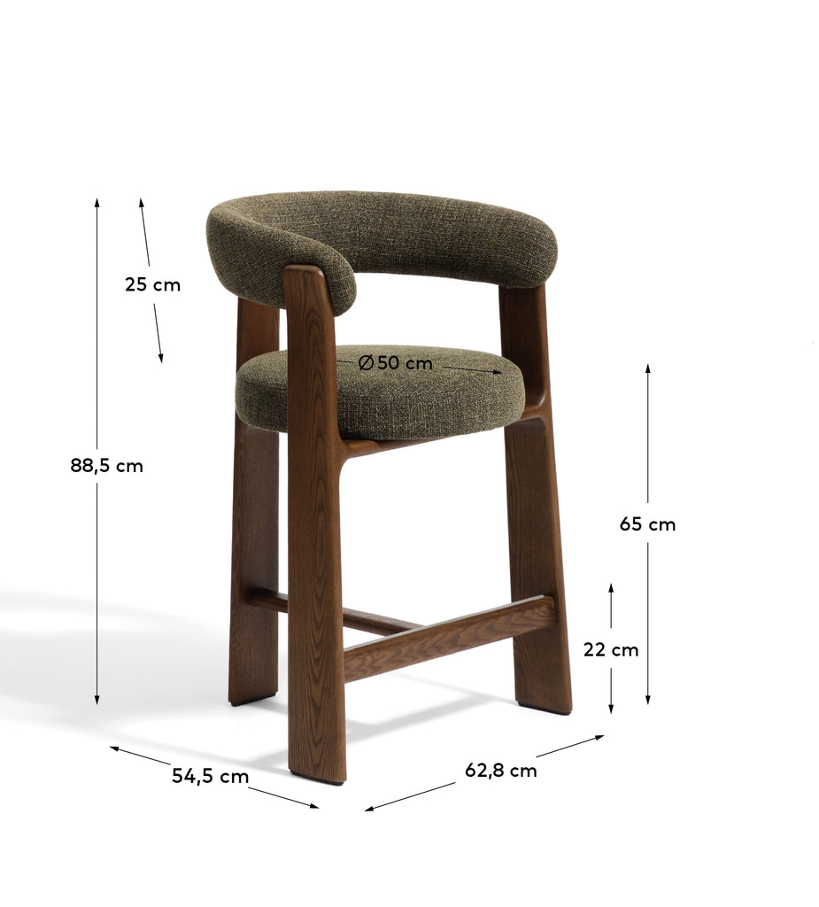 Granite stool with 3 legs in green chenille and solid ash wood with walnut finish FSC 100% 65cm.