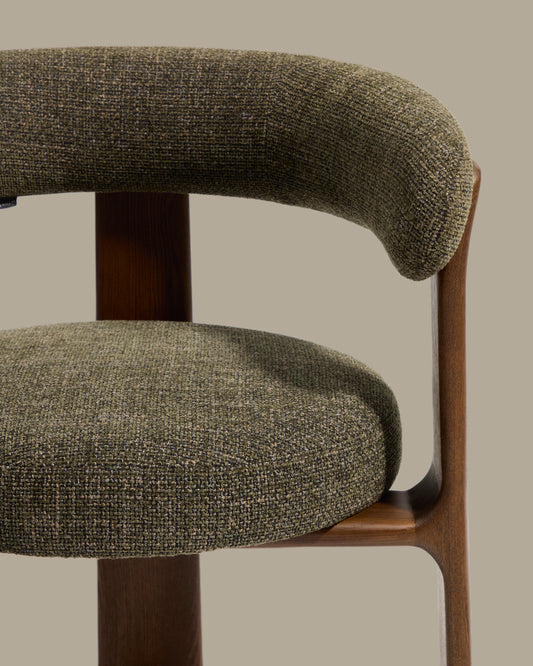 Granite stool with 3 legs in green chenille and solid ash wood with walnut finish FSC 100% 65cm.