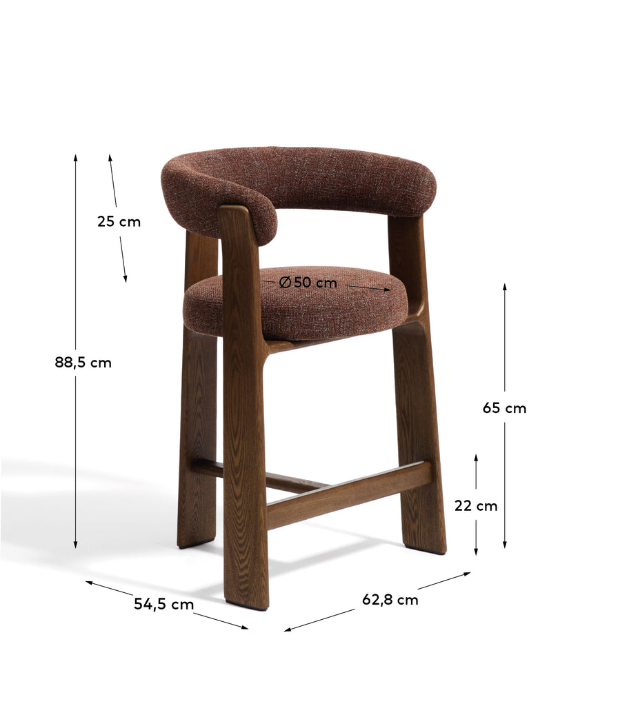 Granite stool with 3 legs in brown chenille and solid ash wood with walnut finish FSC 100% 65cm.