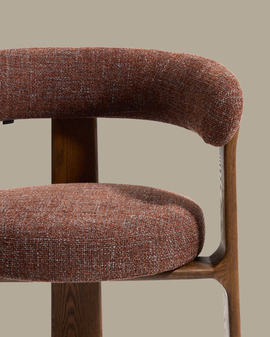 Granite stool with 3 legs in brown chenille and solid ash wood with walnut finish FSC 100% 65cm.