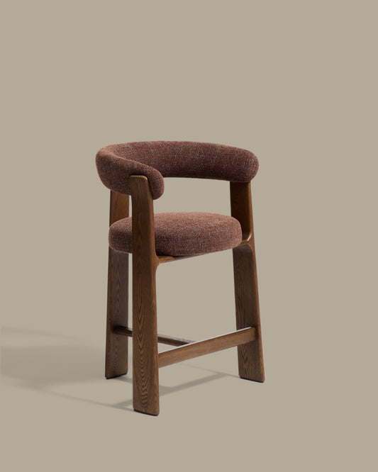 Granite stool with 3 legs in brown chenille and solid ash wood with walnut finish FSC 100% 65cm.