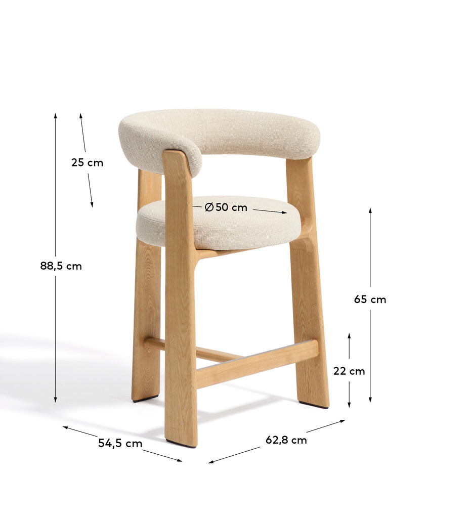 Granite stool with 3 legs in beige chenille and solid ash wood with natural finish FSC 100% 65cm.