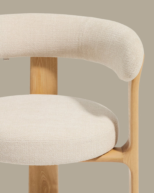 Granite stool with 3 legs in beige chenille and solid ash wood with natural finish FSC 100% 65cm.
