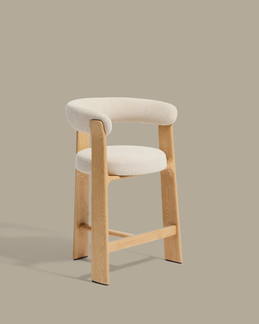 Granite stool with 3 legs in beige chenille and solid ash wood with natural finish FSC 100% 65cm.