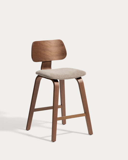 Gena stool in walnut veneer and beige chenille 65cm