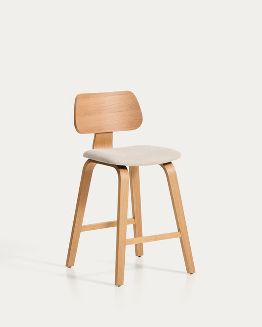 Gena stool in oak veneer and beige chenille 65cm