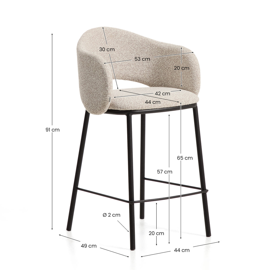 Maina stool in thick beige chenille with steel legs in a black finish, FSC Mix Credit, 65 cm