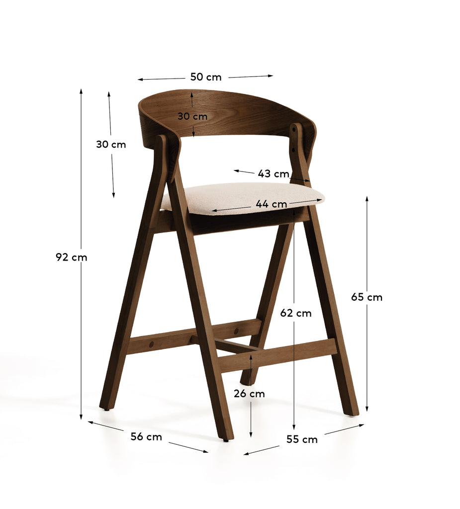 Godia stool in oak veneer with walnut finish and beige chenille