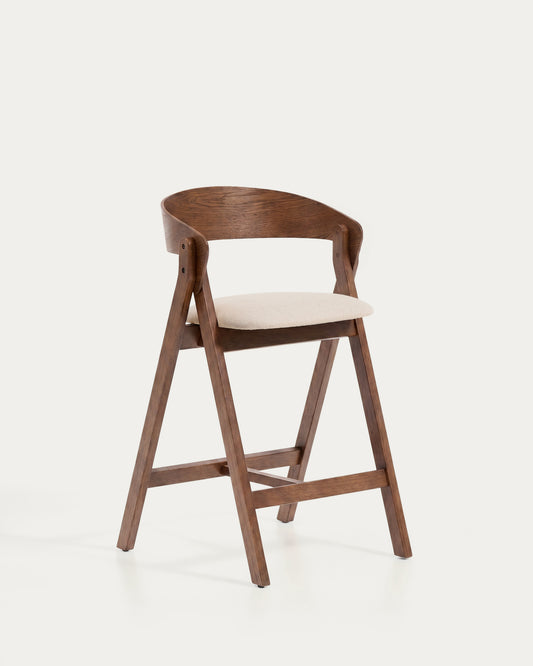 Godia stool in oak veneer with walnut finish and beige chenille
