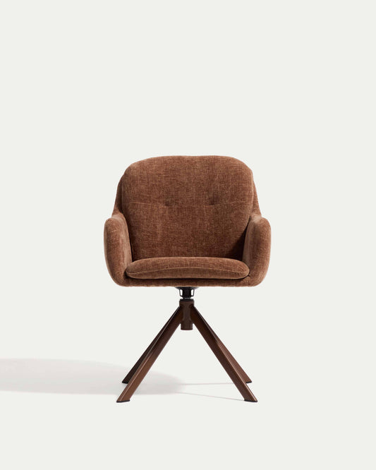 Lexa swivel chair in caramel chenille and steel legs in a caramel finish