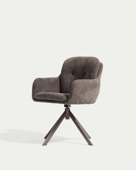 Lexa swivel chair in brown chenille and steel legs with a brown finish