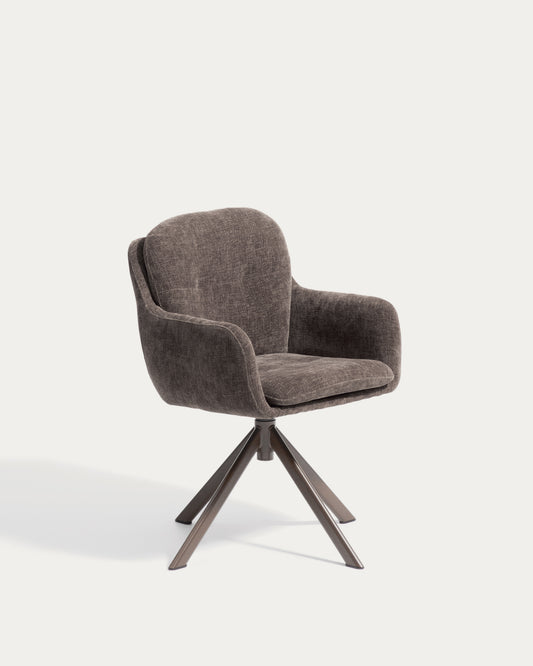 Lexa swivel chair in brown chenille and steel legs with a brown finish