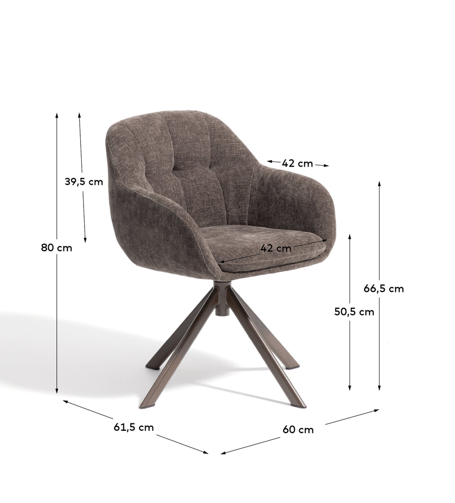 Dorina swivel chair in brown chenille and steel legs with a brown finish