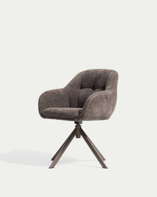 Dorina swivel chair in brown chenille and steel legs with a brown finish