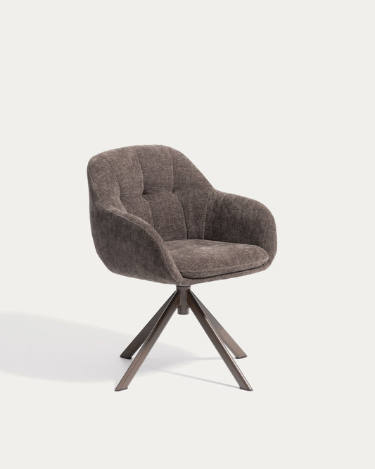 Dorina swivel chair in brown chenille and steel legs with a brown finish