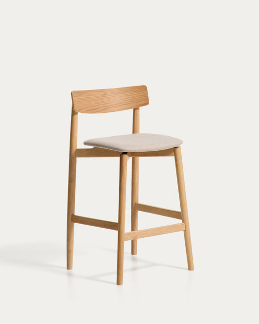 Evera stool with backrest in oak veneer with natural finish and beige chenille 65cm