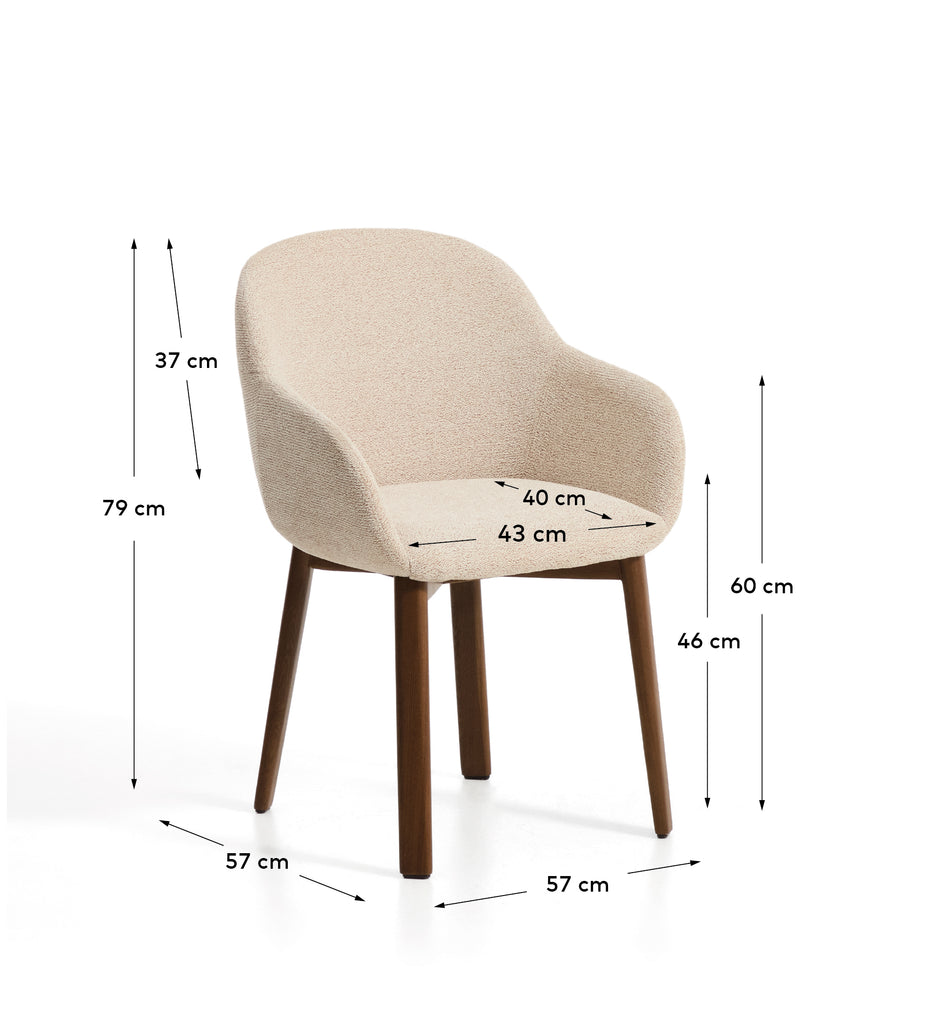 Meila flame-retardant chair with armrests in beige chenille with legs in solid ash wood with walnut finish