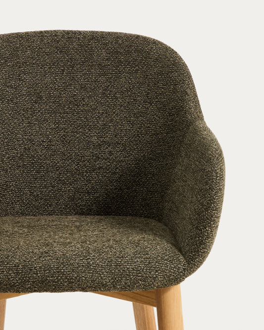 Meila chair with armrests in green chenille with legs in solid ash wood with natural finish