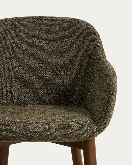 Meila chair with armrests in green chenille with legs in solid ash wood with walnut finish