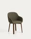 Meila chair with armrests in green chenille with legs in solid ash wood with walnut finish